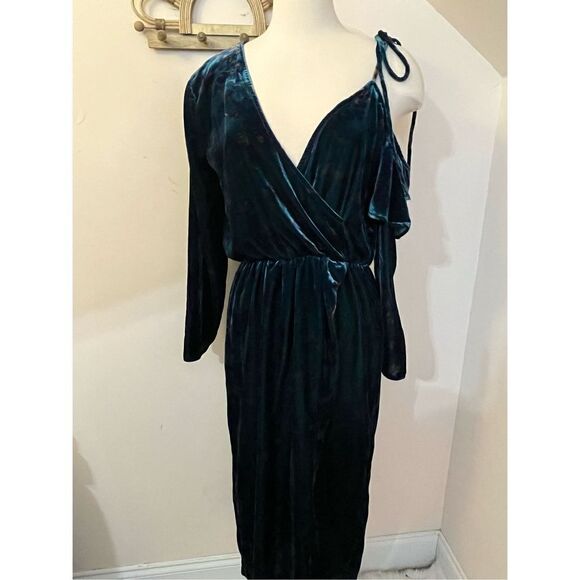 ZARA Trafaluc Forest Green Teal One Shoulder Velvet Faux Wrap Midi Dress M - Picture 1 of 7